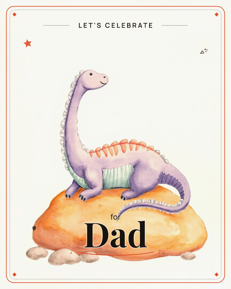 A friendly long-necked dinosaur in soft lavender perches atop a rounded ochre boulder, its tail curling down around smaller pebbles below, a party e-card design