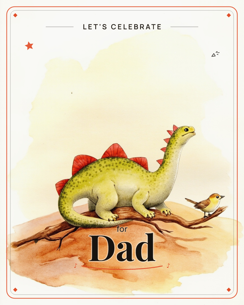 A friendly green stegosaurus with red spiked plates stands on a sandy mound, sharing a tree branch with a small perched robin, a party e-card design