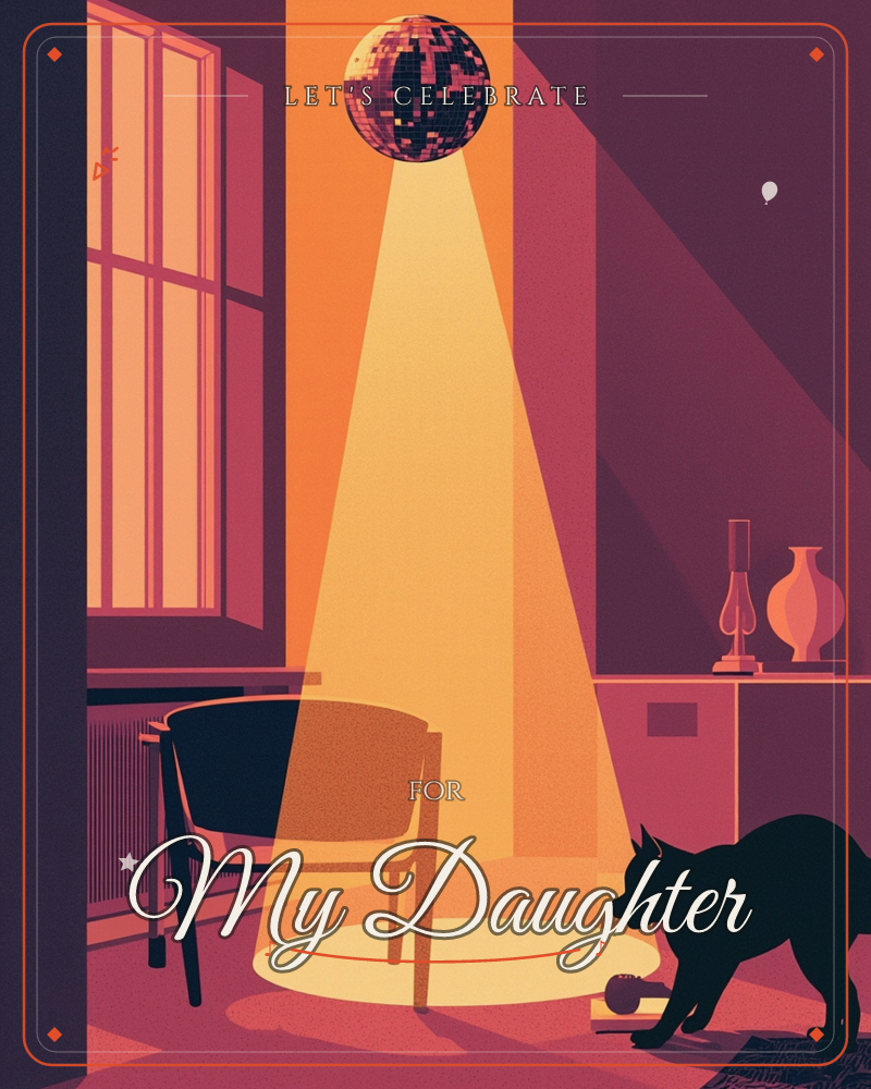A disco ball hangs in a quiet room, throwing a single cone of golden light onto an empty chair below, while a cat prowls silently through the shadows…, a party e-card design