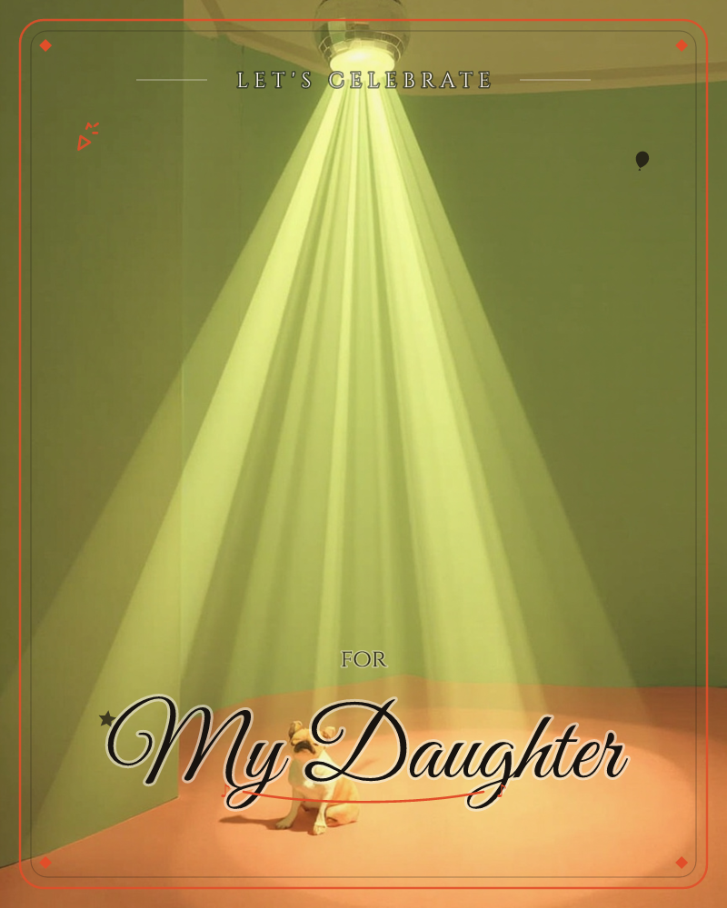A small bulldog sits alone in the corner of a bare green room, bathed in a dramatic cone of light falling from a single ceiling fixture, a party e-card design