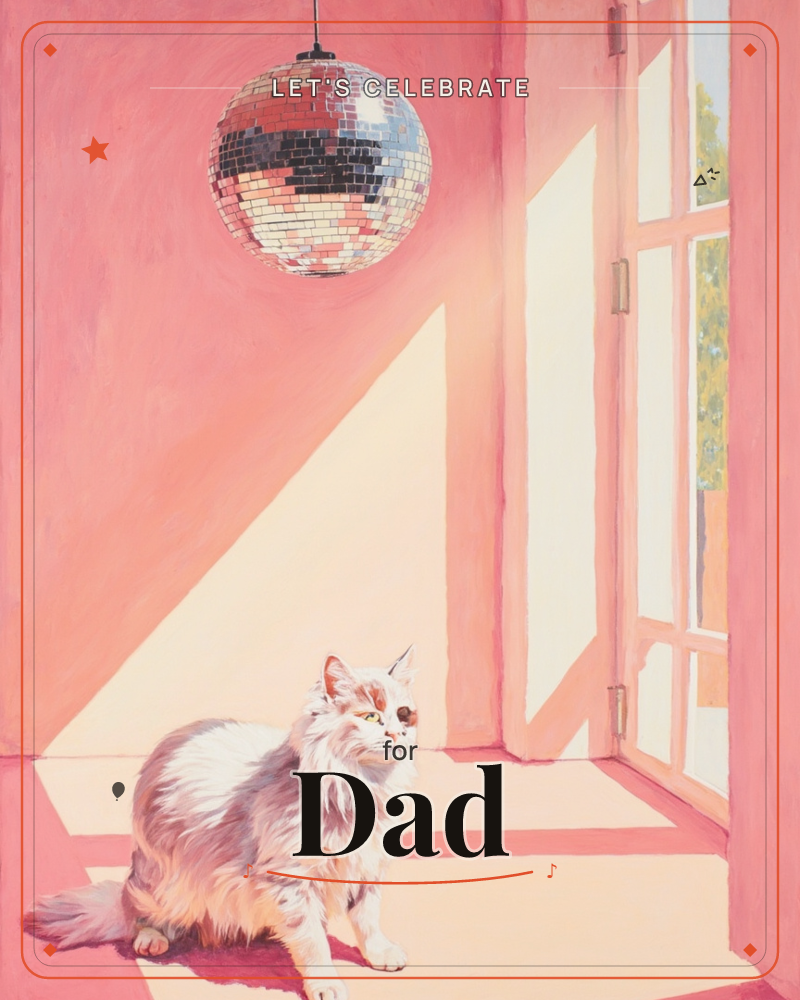 A fluffy white cat sits in a sun-washed pink room, squinting up at a mirrored disco ball hanging from the ceiling, a party e-card design