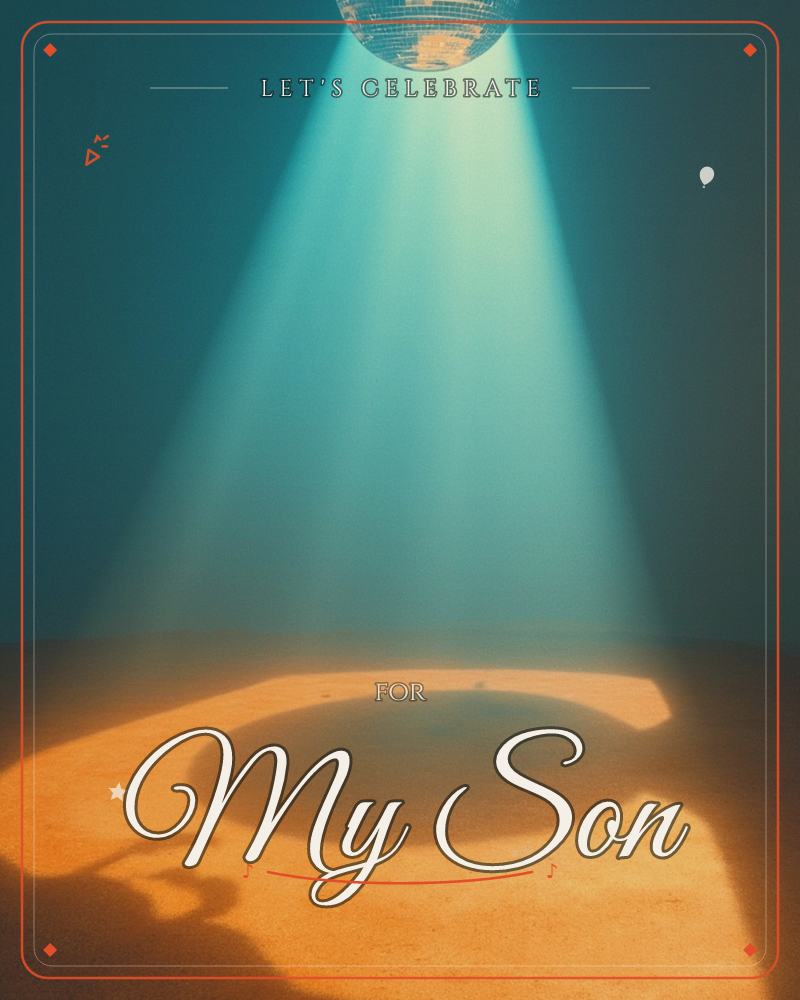 A single disco ball hangs in an empty teal room, casting a cone of pale light down onto a warm amber floor where its own circular shadow pools like a…, a party e-card design