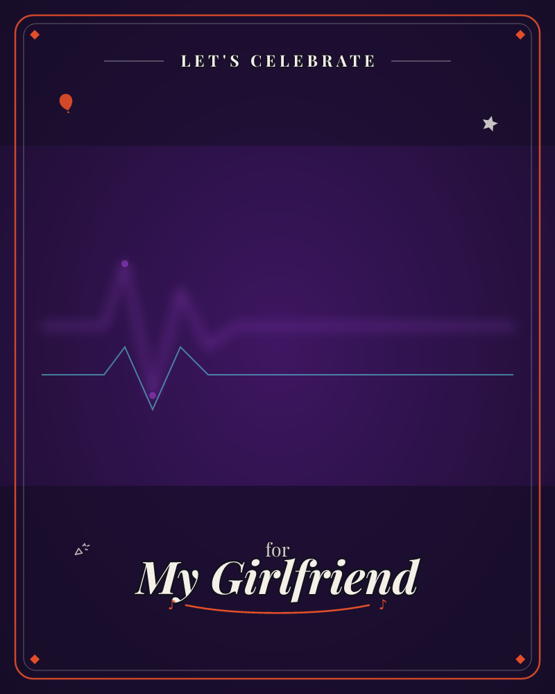 A single glowing heartbeat line pulses across a deep purple background, spiking once before flattening into a steady horizontal signal, a party e-card design by @DittyCityTeam