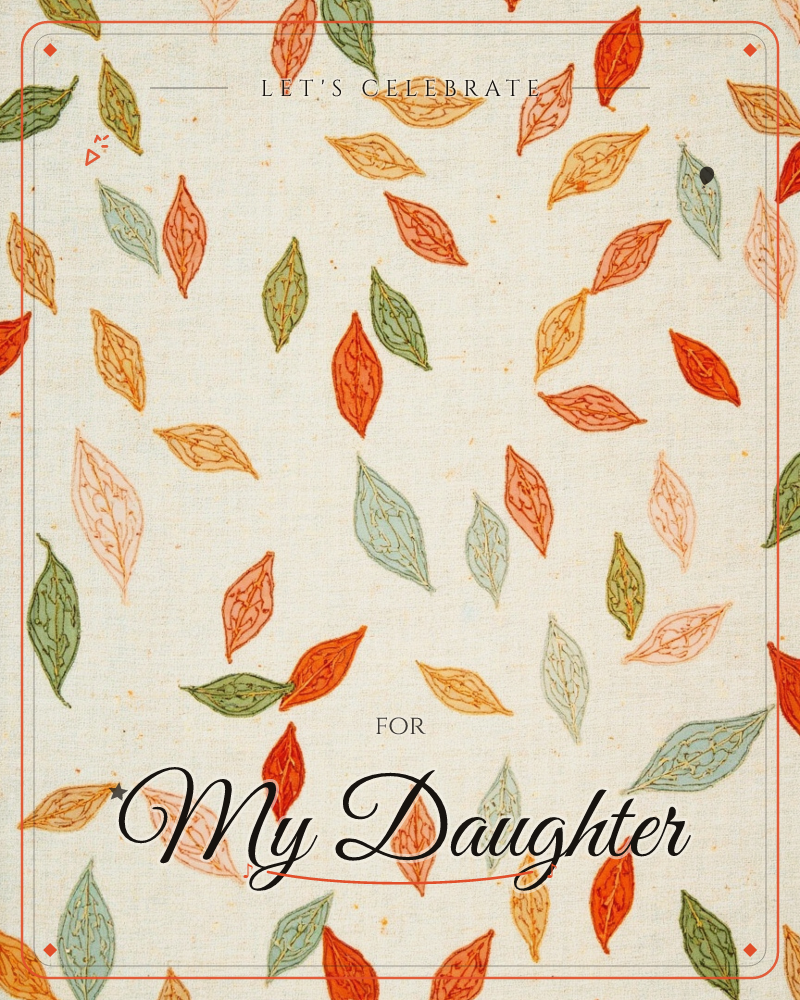 A scattering of hand-drawn leaves in autumn tones drifts across a soft cream, fabric-like background, each leaf outlined with fine veined detail, a party e-card design