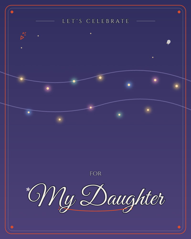 A deep purple night sky glows softly toward the horizon, strung with two wavy garlands of small coloured lights in amber, pink, teal and blue, a party e-card design by @DittyCityTeam