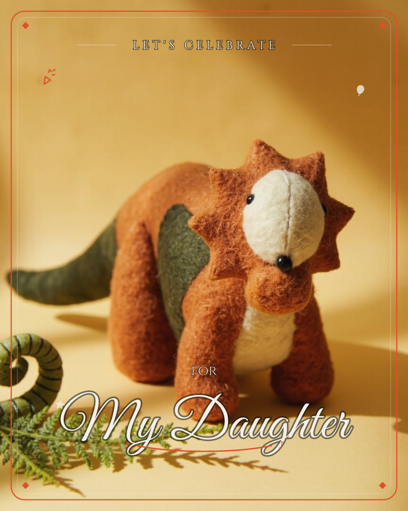 A handmade felt triceratops toy stands on a warm mustard-yellow surface, its rust-orange body, cream face and olive-green spiky frill and tail catching…, a party e-card design