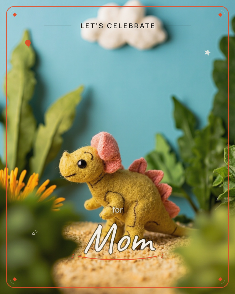 A little felt stegosaurus in mustard yellow and pink stands on a sandy path, stitched with simple black outlines and a shy smile, a party e-card design