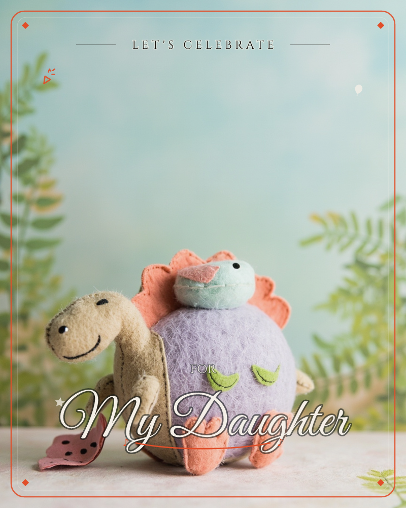 A round, felt dinosaur toy with a lavender pom-pom body, tan head and coral spikes sits against a soft blue backdrop dotted with painted fern leaves, a party e-card design