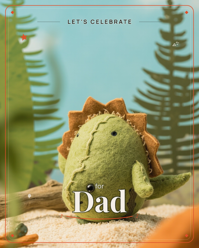 A handmade felt dinosaur toy sits on a sandy surface against a painted backdrop of pine trees and pale blue sky, a party e-card design