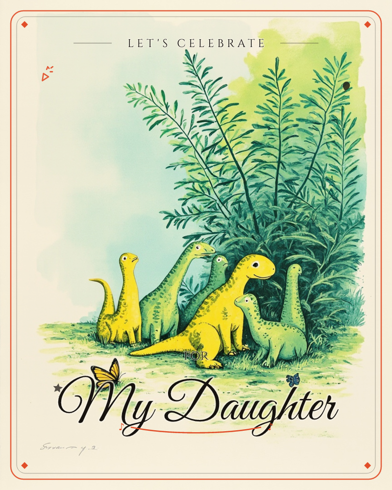 A small huddle of yellow and green long-necked dinosaurs gathers beside a tall feathery bush, their curious faces turned toward two butterflies resting…, a party e-card design