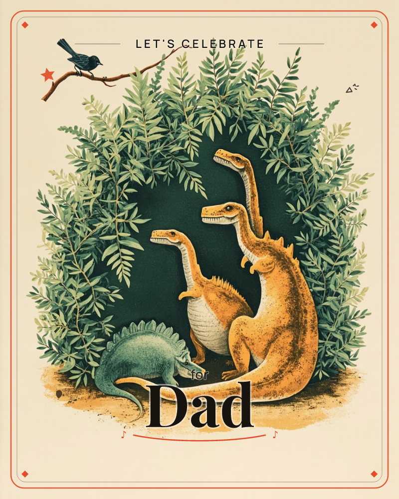 A cream-backed illustration shows two long-necked, golden-orange dinosaurs craning upward together beneath an archway of feathery green foliage, while…, a party e-card design