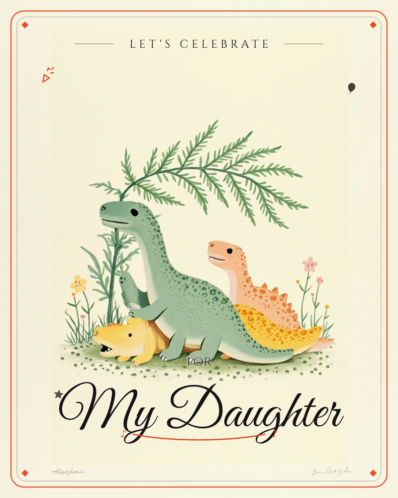 Three friendly dinosaurs are gathered beneath a feathery green frond, a green long-necked one leading with a yellow spiked companion tucked beside it…, a party e-card design
