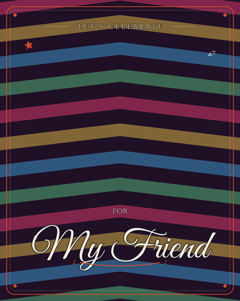 A repeating chevron pattern marches down the card in bands of mustard gold, slate blue, forest green, and deep raspberry pink, all set against a…, a party e-card design by @DittyCityTeam
