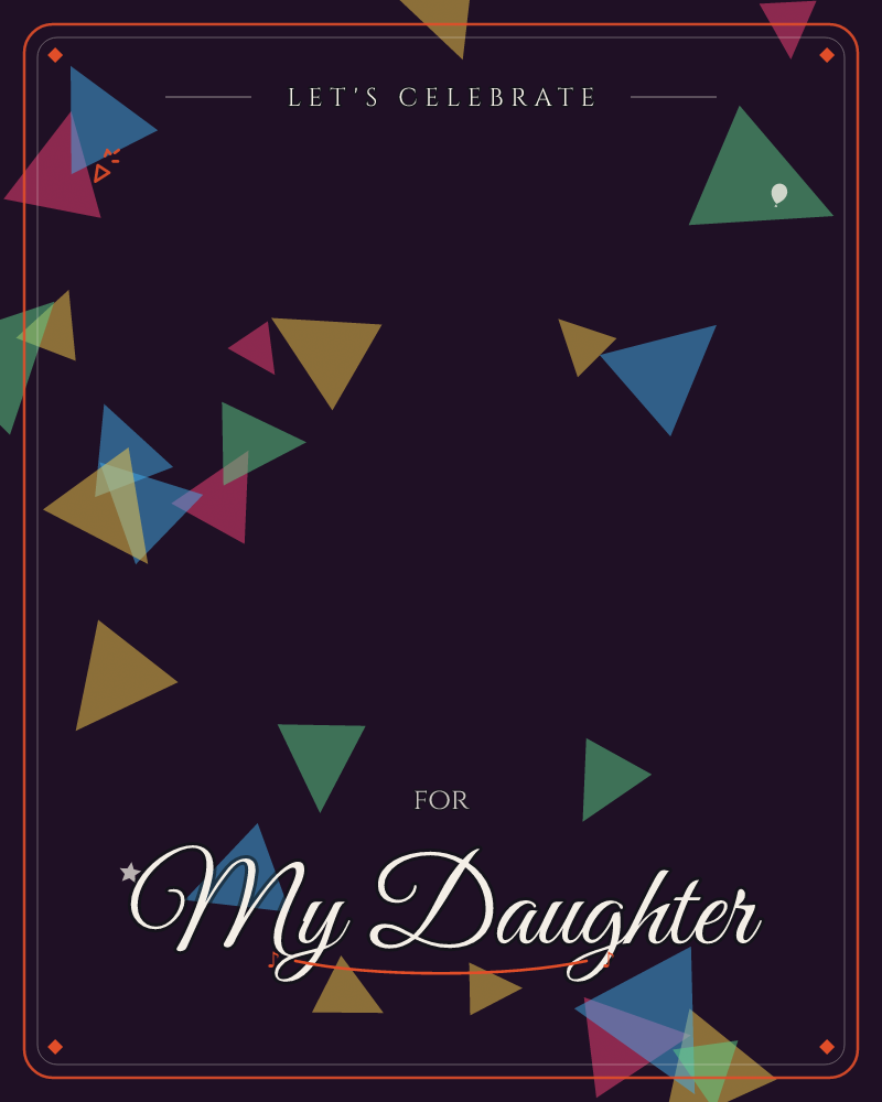 A near-black background, tinted faintly purple, is scattered with small overlapping triangles in blue, pink, gold and green, a party e-card design by @DittyCityTeam
