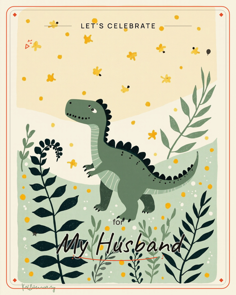 A friendly green dinosaur strides through a stylised prehistoric landscape, surrounded by dark fern fronds and speckled with golden dots and stars, a party e-card design