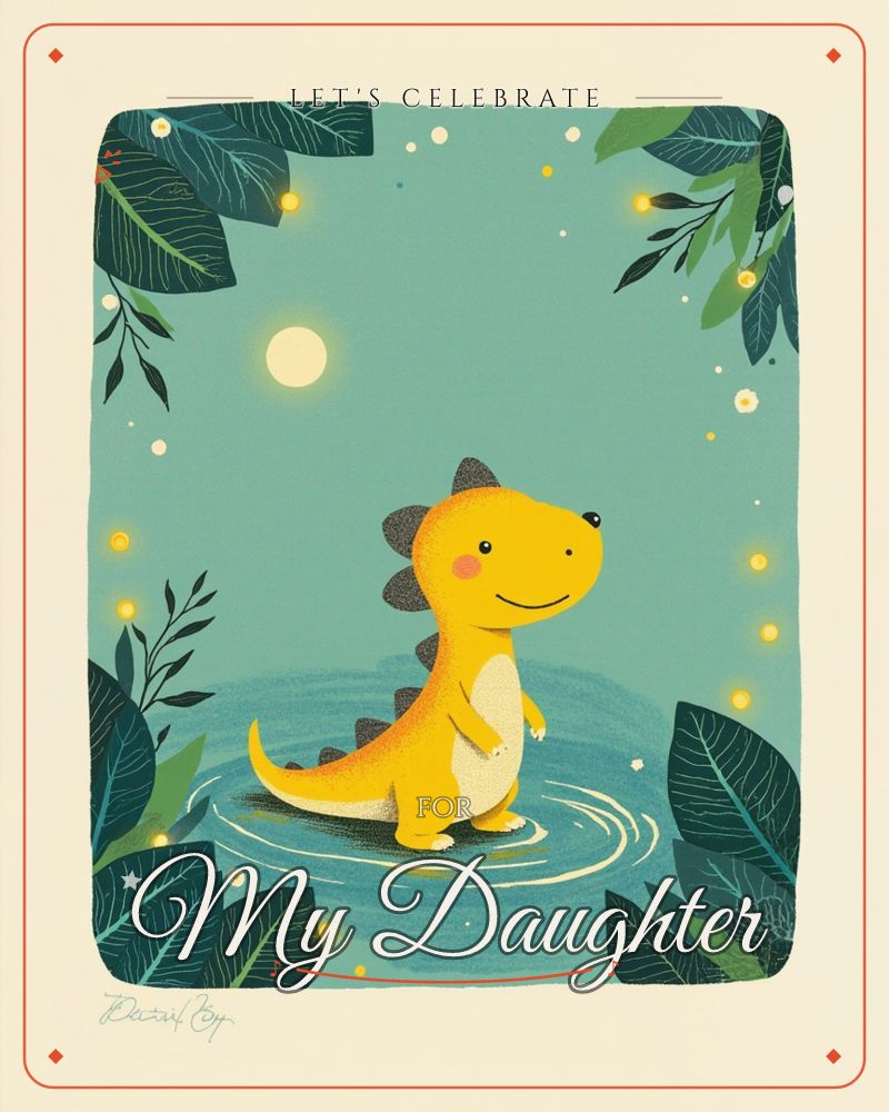 A cheerful little yellow dinosaur stands smiling in a shallow pool under a glowing moon, framed by dark tropical leaves and drifting fireflies, a party e-card design