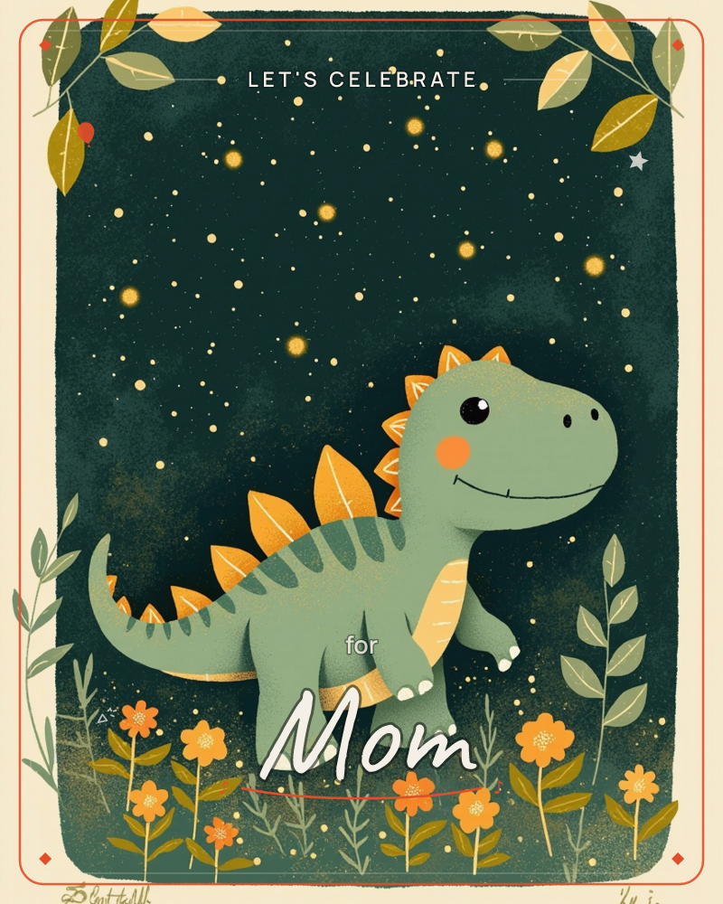 A smiling stegosaurus with rosy cheeks stands on a dark forest-green background scattered with golden stars and dots, a party e-card design