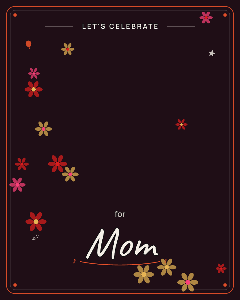 A near-black background glows faintly with deep maroon at the edges, scattered with small stylised flowers in red, pink, and mustard yellow, a party e-card design by @DittyCityTeam