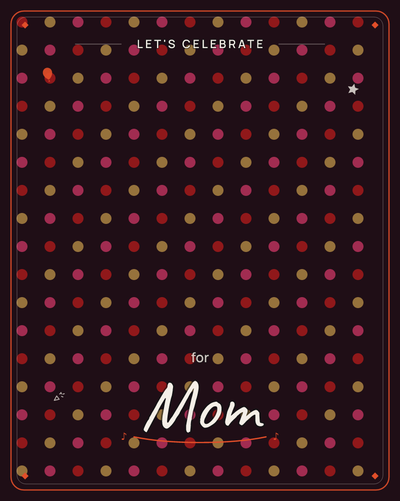 A grid of small polka dots in rose pink, crimson red, and antique gold marches across a near-black background, a party e-card design by @DittyCityTeam