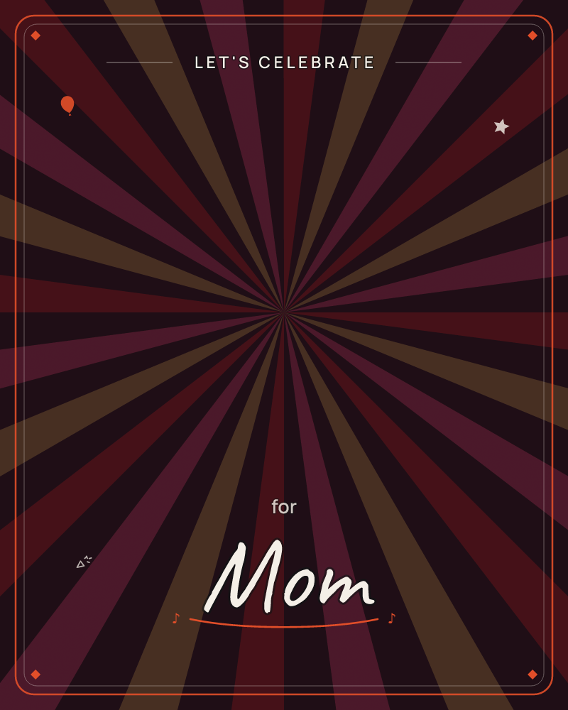 A radiating sunburst pattern explodes from a central point, alternating deep maroon, dusty rose, and muted olive-gold rays against a near-black background, a party e-card design by @DittyCityTeam