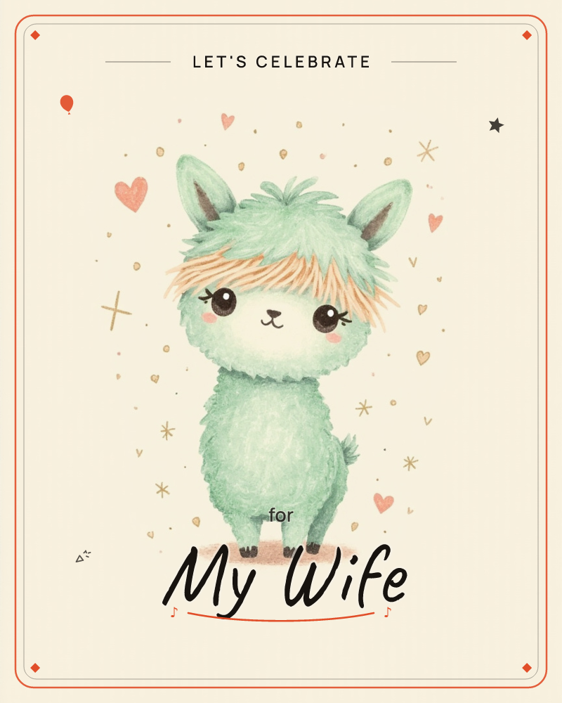 A fluffy mint-green baby llama with a peachy tuft of hair and rosy cheeks stands smiling on a soft cream background, a party e-card design