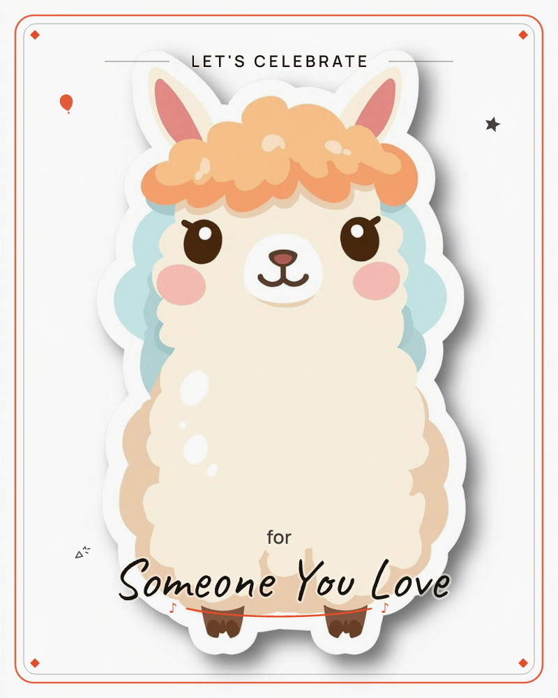 A round, fluffy alpaca sticker illustration with a puffy orange topknot, cream-coloured wool, and a soft blue outline glowing behind its body, a party e-card design