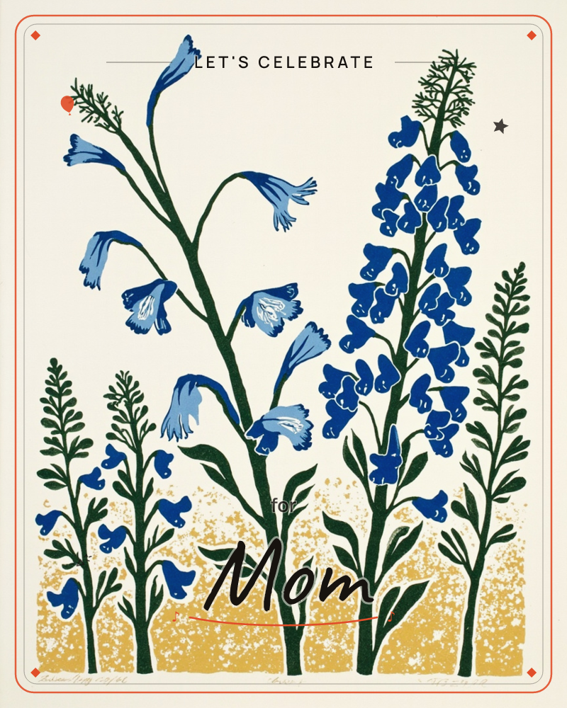 A stylised print of tall wildflowers on slender dark stems, ranging from drooping bluebell-like blooms to a dense spike of small bell flowers stacked…, a party e-card design