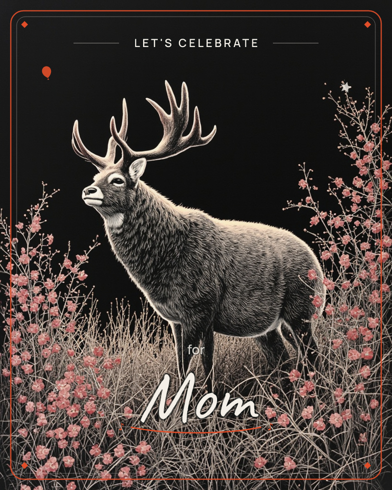 A stag with tall branching antlers stands against pure black night, lit as if by a single low beam that picks out every hair on its coat, a party e-card design
