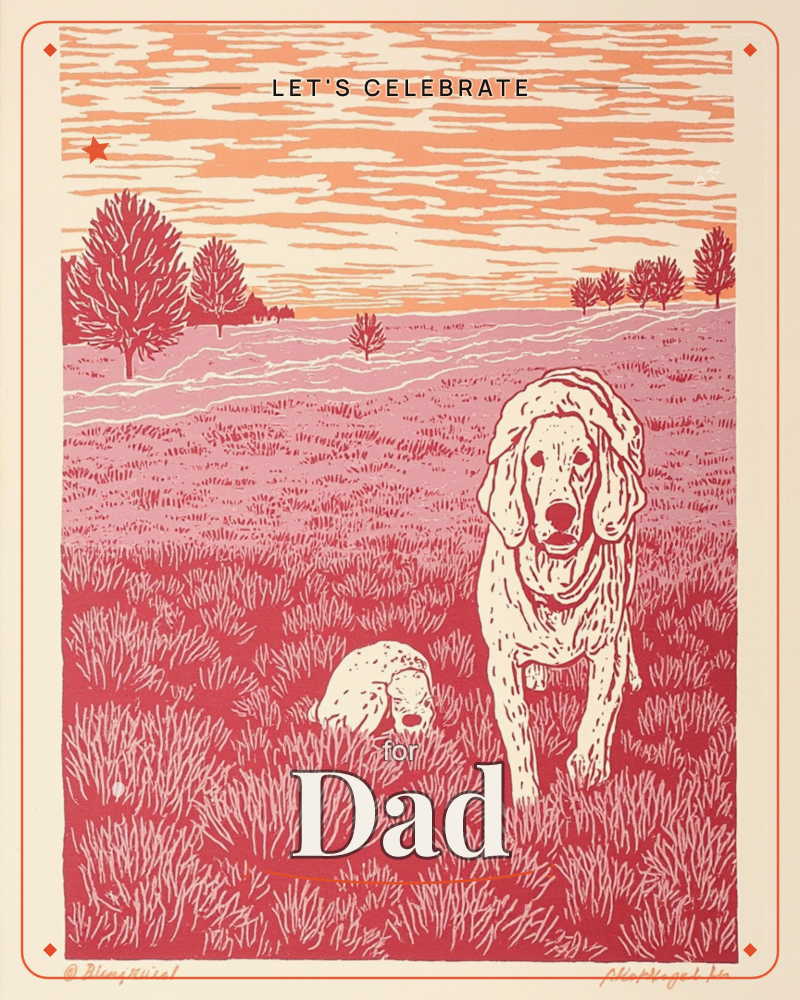 A linocut print shows two floppy-eared dogs standing in tall grass beneath a streaked orange sky, one dog facing forward while the other sniffs low to…, a party e-card design