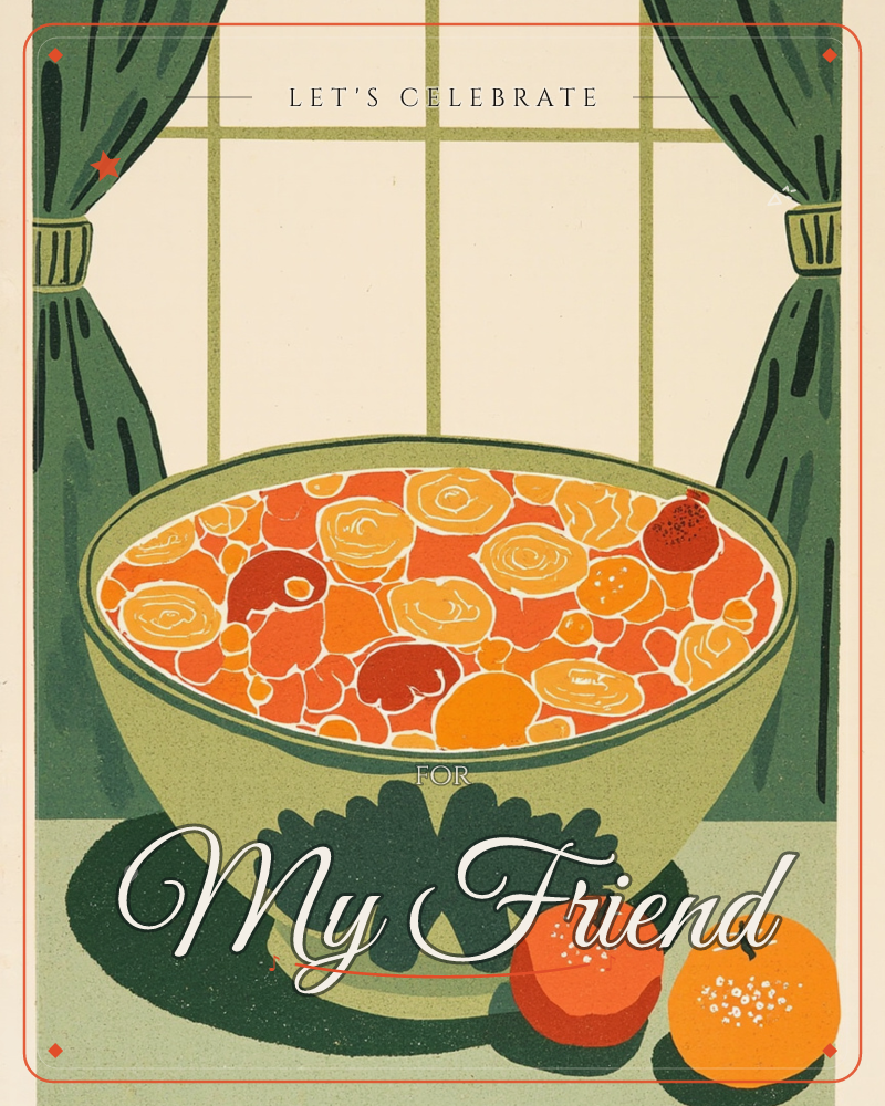 A large bowl brimming with citrus-orange swirled fruit sits on a windowsill, framed by deep green tied-back curtains and a paned window behind it, a party e-card design