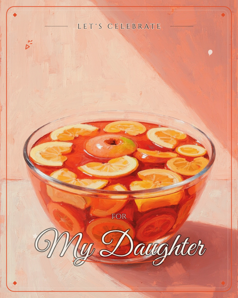 A glass bowl brims with deep red punch, its surface scattered with floating lemon and orange slices and a single apple set right in the centre, a party e-card design