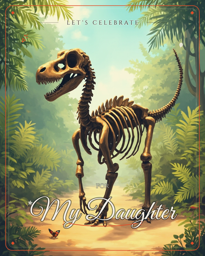 A bronzed dinosaur skeleton stands on a sandy jungle path, jaws open and tail curved, surrounded by dense ferns and tall trees glowing in soft daylight, a party e-card design