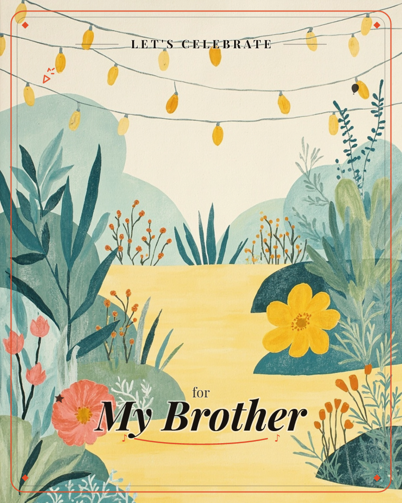 A stylised garden path glows in warm yellow light, framed by rounded hills of teal and sage foliage, coral and yellow blooms, and slender leaves rising…, a party e-card design