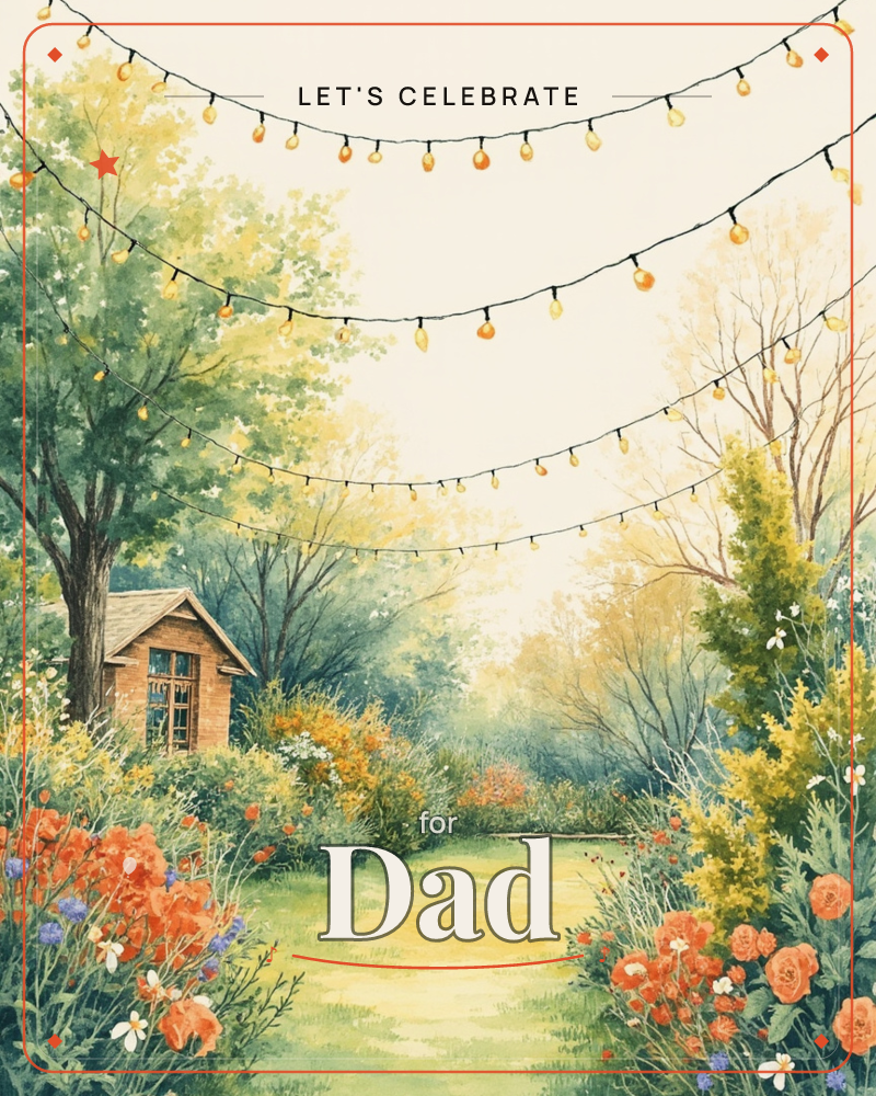 A watercolour garden path leads toward a small wooden shed tucked beneath a leafy tree, with strings of glowing fairy lights looping overhead against a…, a party e-card design