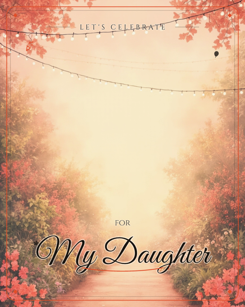 A hazy garden path stretches toward a glowing horizon, lined with coral and pink blossoms spilling from the borders, a party e-card design