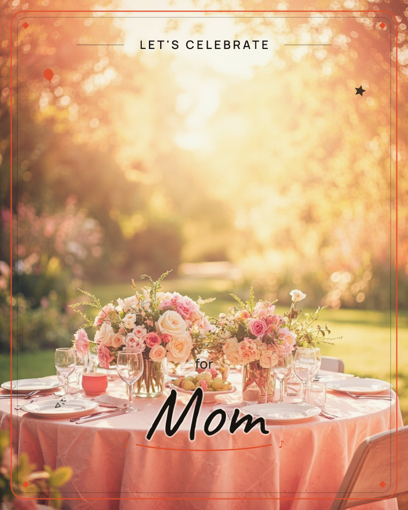 A round table dressed in a peach linen cloth stands in a garden at golden hour, set with white plates, wine glasses, and a bowl of pale green apples, a party e-card design