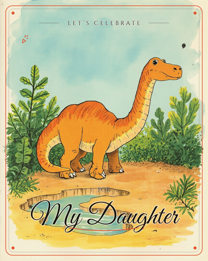 An orange long-necked dinosaur stands beside a small watering hole on sandy ground, its curved neck reaching up as leafy green bushes frame the scene…, a party e-card design