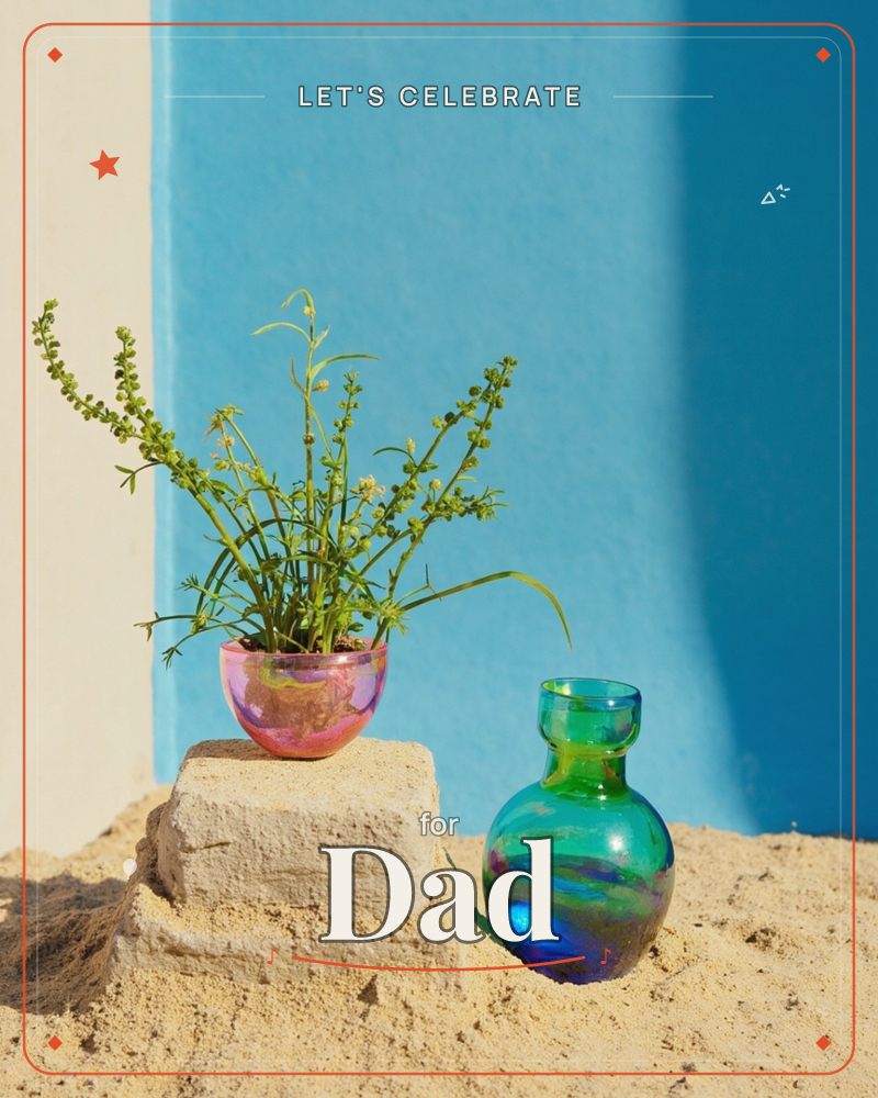 A small pink ceramic pot with wild, wispy green sprigs sits on a stone ledge beside an empty green-blue glass vase, set against a wall painted bright…, a party e-card design