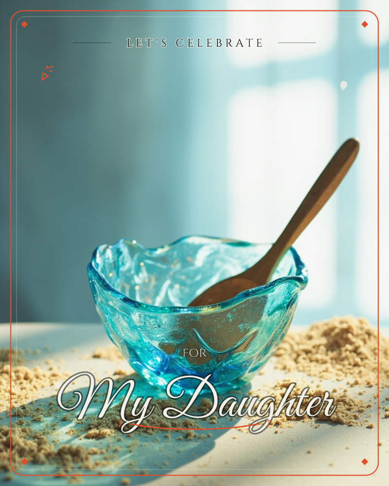 A rippled turquoise glass bowl sits on a sandy surface with a wooden spoon propped inside it, backlit by soft window light, a party e-card design