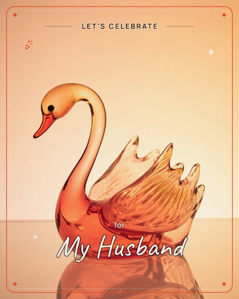 A blown-glass swan in warm amber tones sits with wings raised, its curved neck catching soft studio light against a glowing peach backdrop, a party e-card design