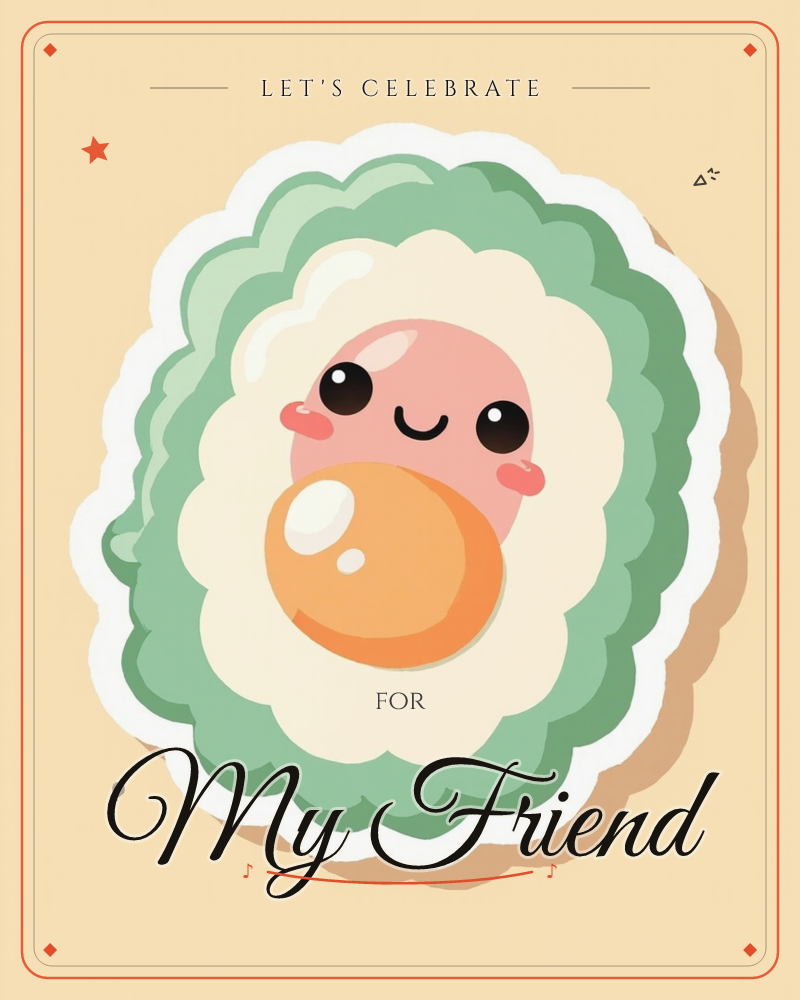 A round sticker-style illustration shows a smiling pink face with rosy cheeks peeking out from a fluffy scalloped border of green and cream, cradling a…, a party e-card design