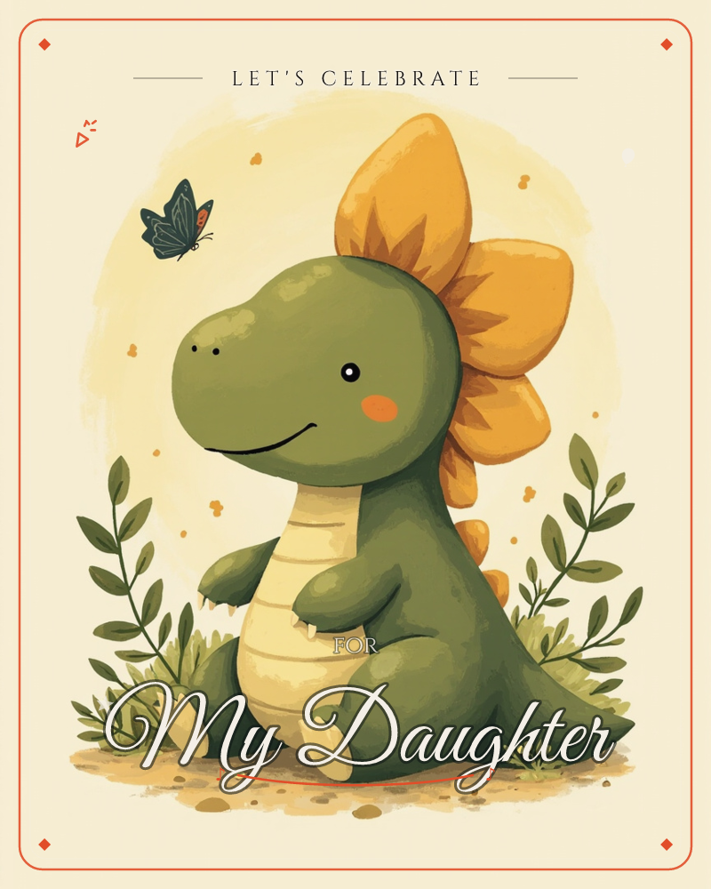 A round-bellied green stegosaurus sits smiling among sprigs of leafy greenery, its tall golden-orange back plates fanned out like petals behind its head, a party e-card design