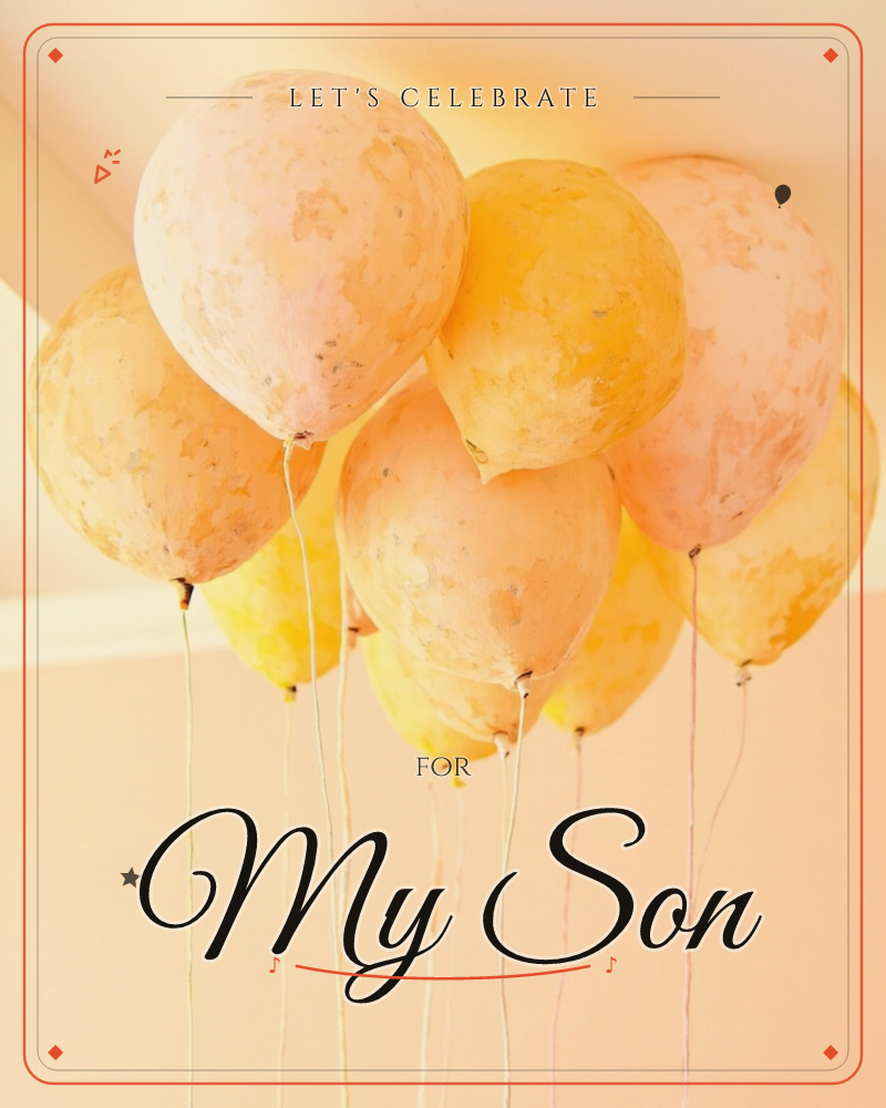 A cluster of balloons in mottled gold and blush tones drifts up against a softly lit ceiling, their strings dangling loose below, a party e-card design