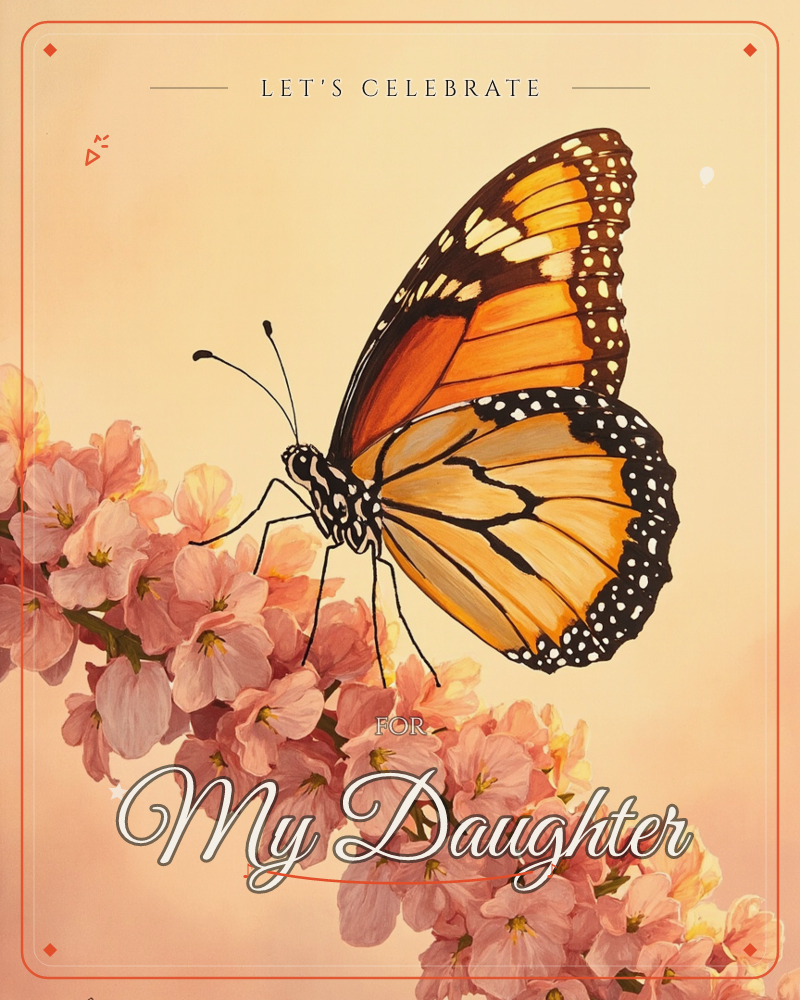 A monarch butterfly rests on a spray of soft pink blossoms, its wings fully spread to show bold orange and black patterning with white edging, a party e-card design