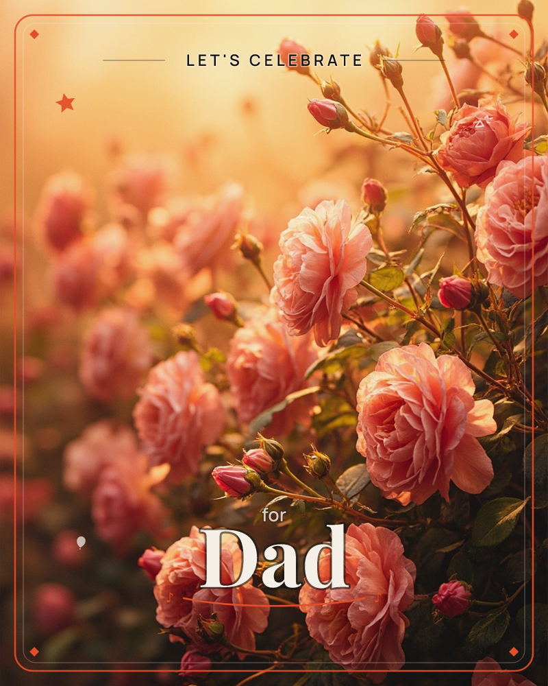 A garden rose bush glows in golden hour light, its layered pink blooms and tight buds caught mid-flower against a soft, hazy background of more roses…, a party e-card design