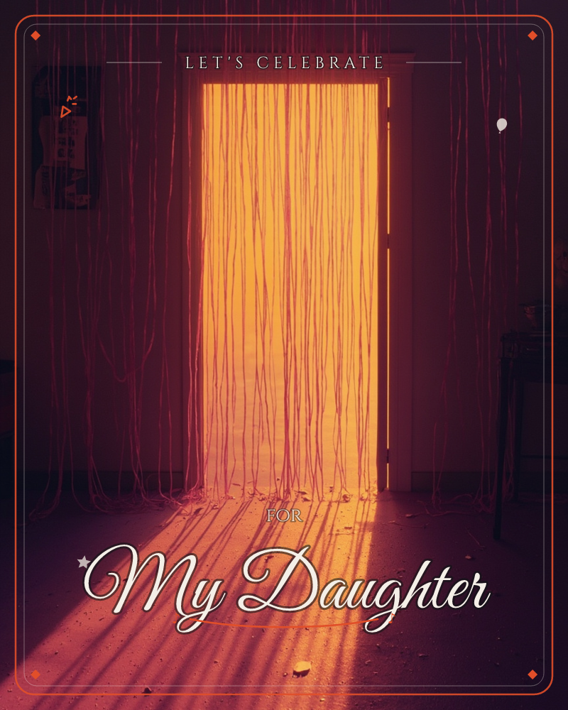 A darkened room glows amber where thin strings hang floor to ceiling across a doorway, catching a blast of warm light from the space beyond, a party e-card design