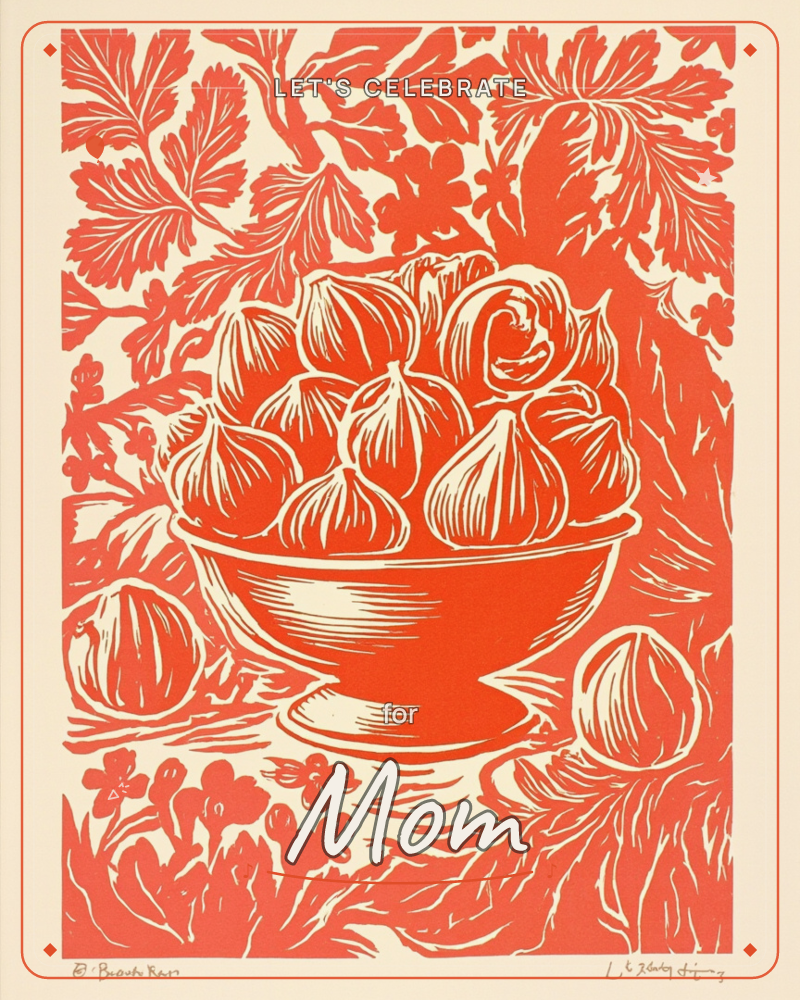 A linocut-style print in monochrome red-orange shows a pedestal bowl heaped with figs, sitting among dense leafy foliage and small blossoms, a party e-card design