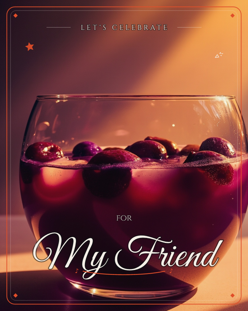 A round glass bowl sits filled with dark wine-red liquid and floating cherries, lit by a warm shaft of golden light cutting across the shadowed background, a party e-card design