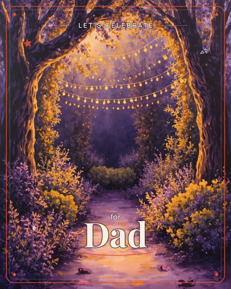 Two great trees arch together to form a glowing gateway, strung with looping fairy lights that drip gold light onto the path below, a party e-card design