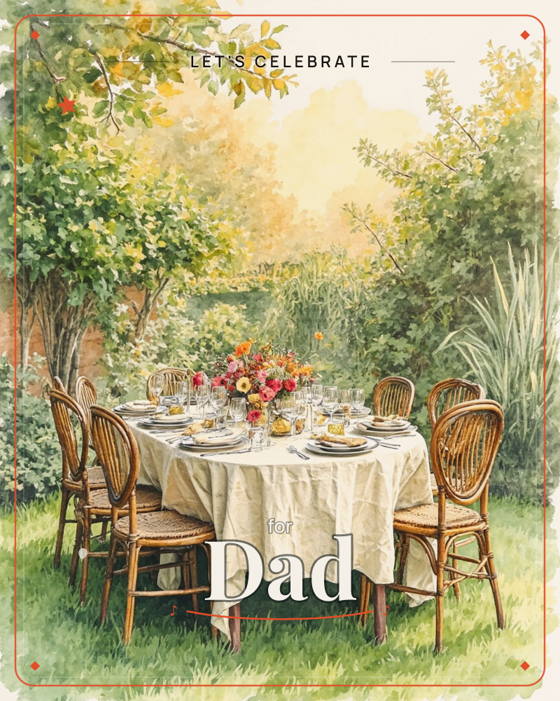 A round table is set for six in a garden, draped in a cream cloth and ringed by bentwood chairs, with a low centrepiece of pink and orange blooms among…, a party e-card design
